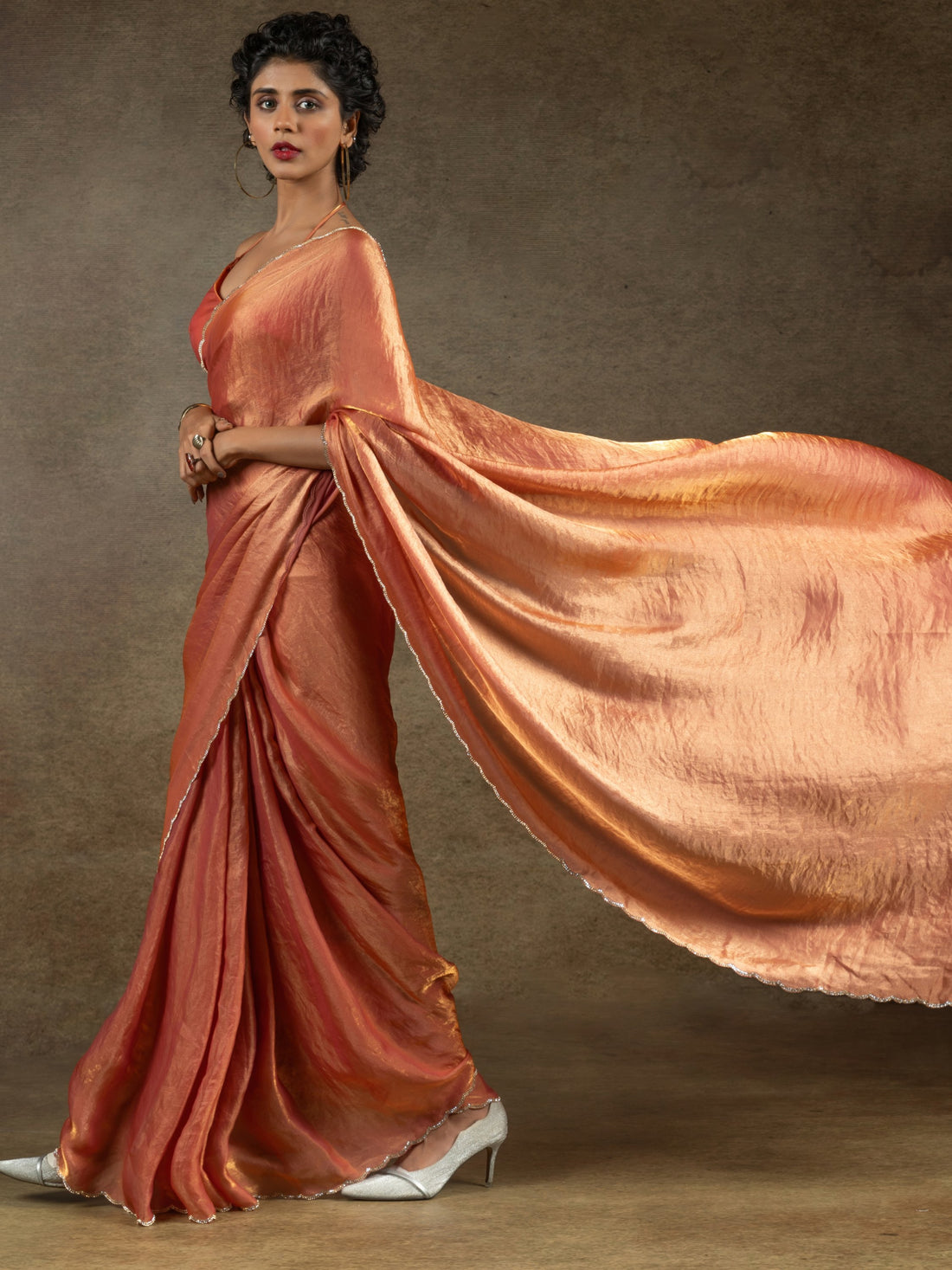 Fabulous Peach Border Work Satin Event Wear Pre-Stitched Saree With Blouse