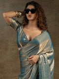 Astonishing Dusty Blue Border Work Satin Bollywood Pre-Stitched Saree With Blouse