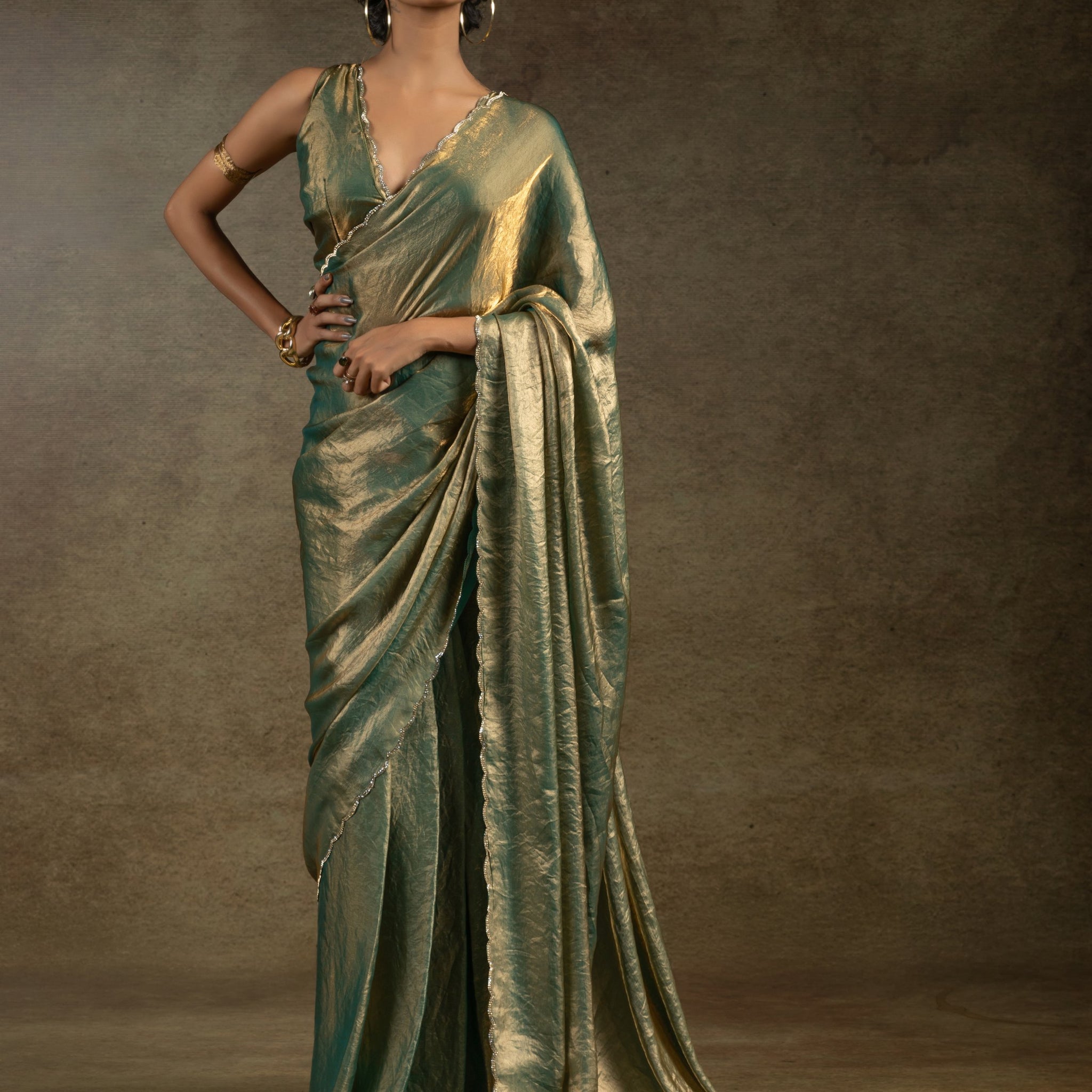 Incredible Green Border Work Satin Party Wear Pre-Stitched Saree With Blouse