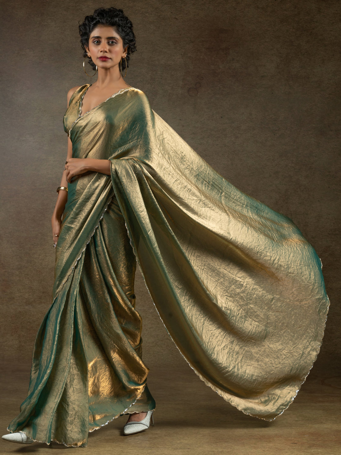 Incredible Green Border Work Satin Party Wear Pre-Stitched Saree With Blouse