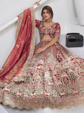 Sensational Pink Thread Work Organza Bridal Lehenga Choli With Dupatta