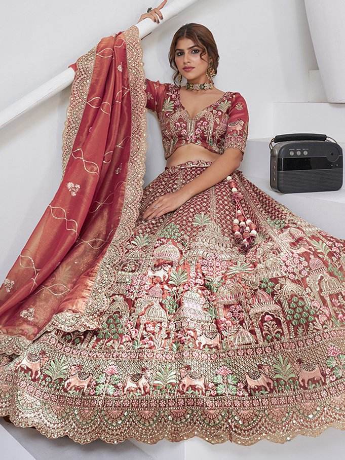 Sensational Pink Thread Work Organza Bridal Lehenga Choli With Dupatta