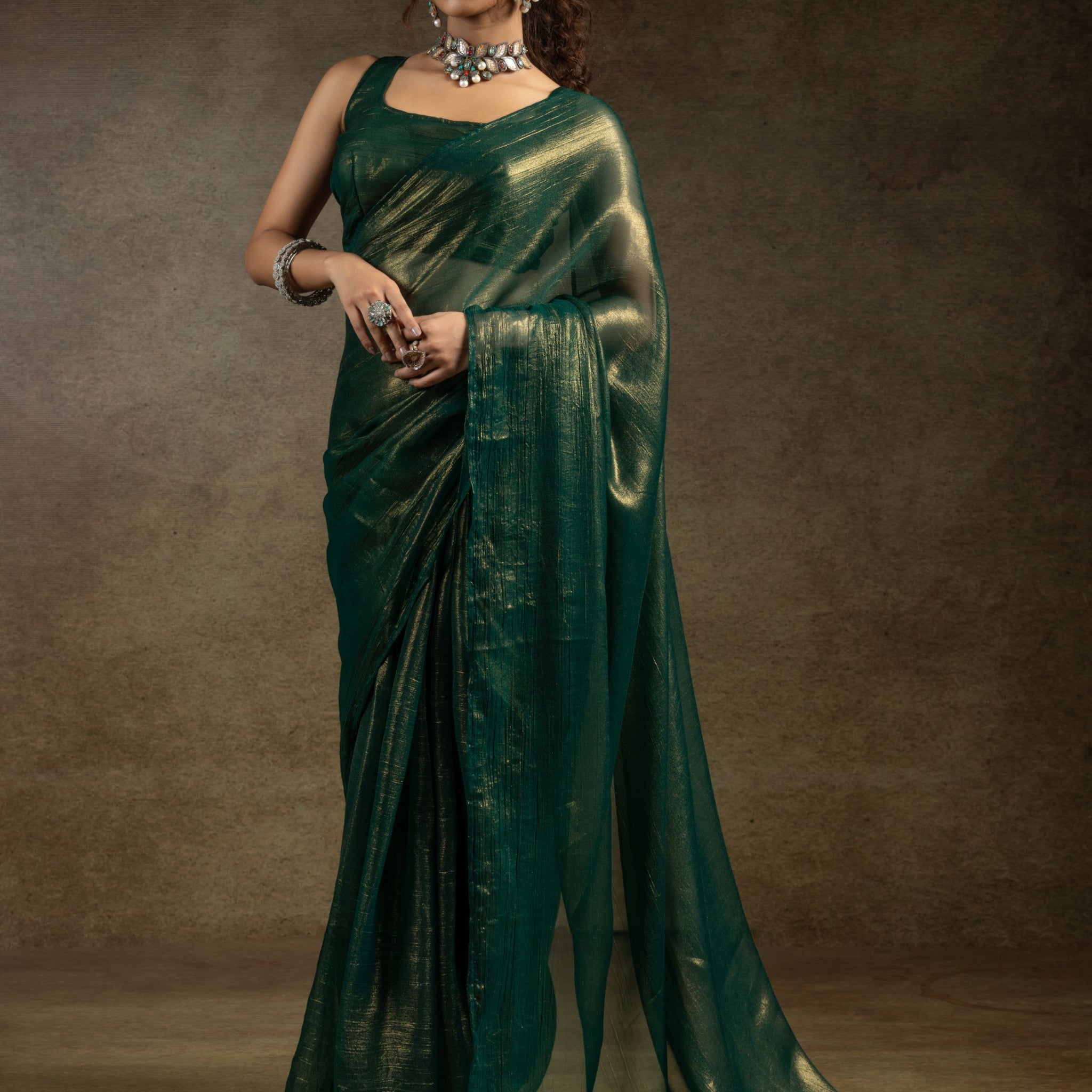 Stunning Green Chiffon Party Wear Pre-Stitched Saree With Blouse