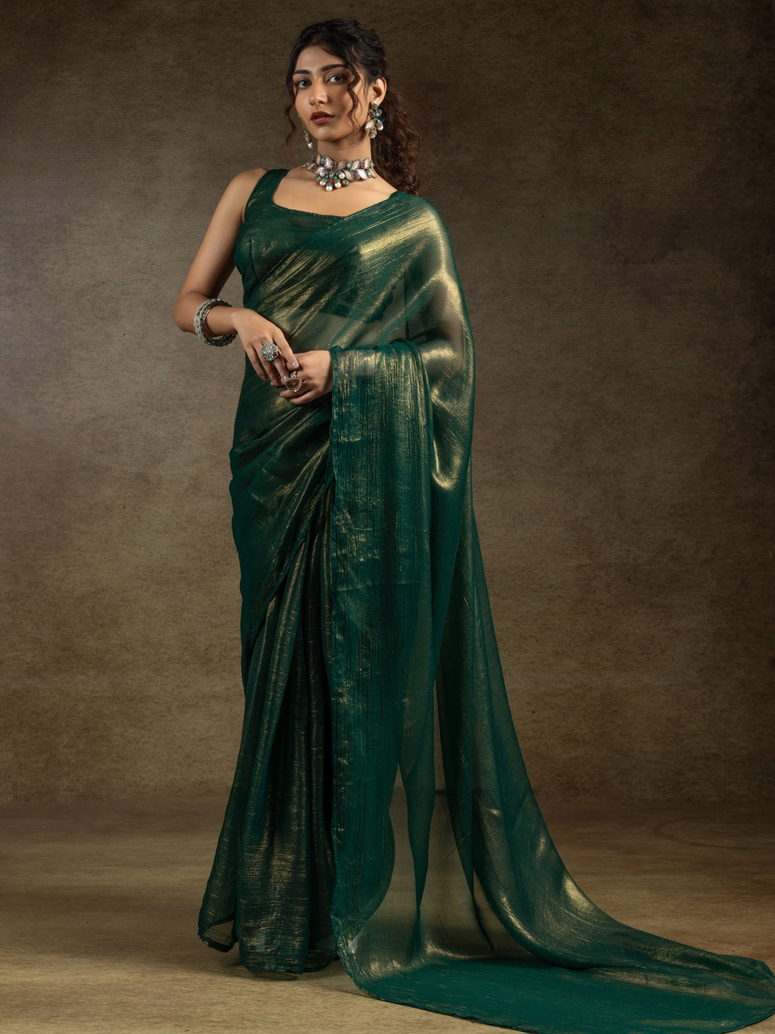 Stunning Green Chiffon Party Wear Pre-Stitched Saree With Blouse