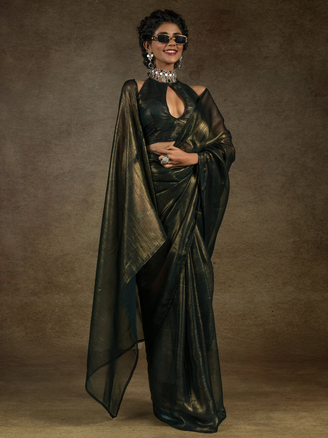 Alluring Olive Green Chiffon Designer Pre-Stitched Saree With Blouse