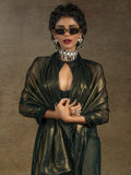 Alluring Olive Green Chiffon Designer Pre-Stitched Saree With Blouse
