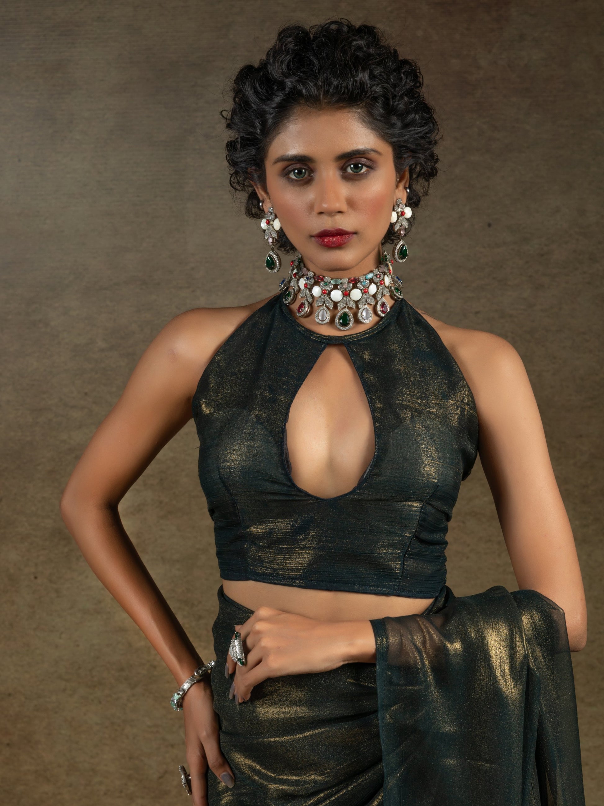 Alluring Olive Green Chiffon Designer Pre-Stitched Saree With Blouse