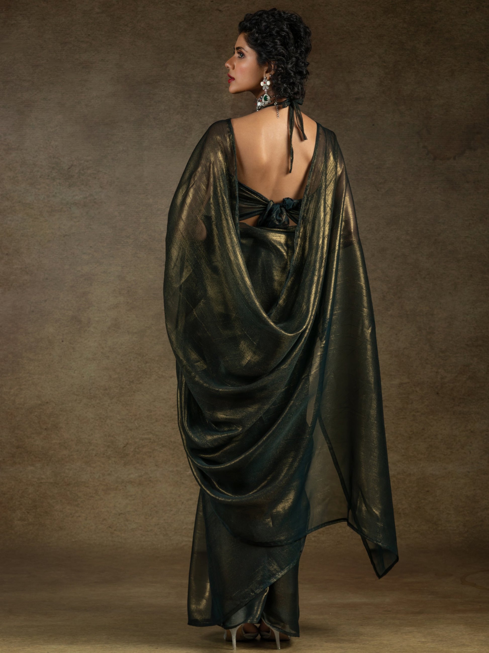 Alluring Olive Green Chiffon Designer Pre-Stitched Saree With Blouse