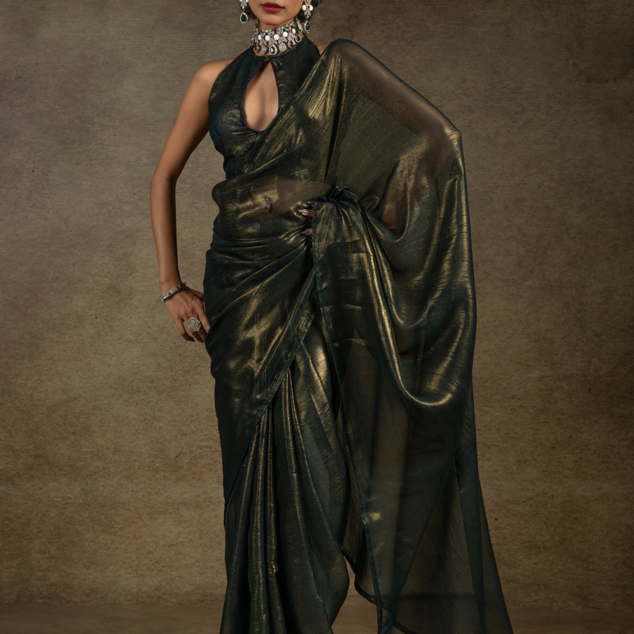 Alluring Olive Green Chiffon Designer Pre-Stitched Saree With Blouse