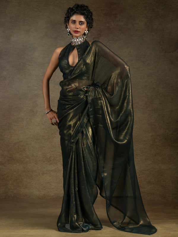 Alluring Olive Green Chiffon Designer Pre-Stitched Saree With Blouse