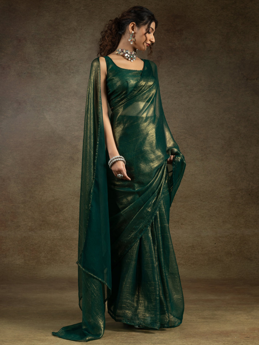 Stunning Green Chiffon Party Wear Pre-Stitched Saree With Blouse
