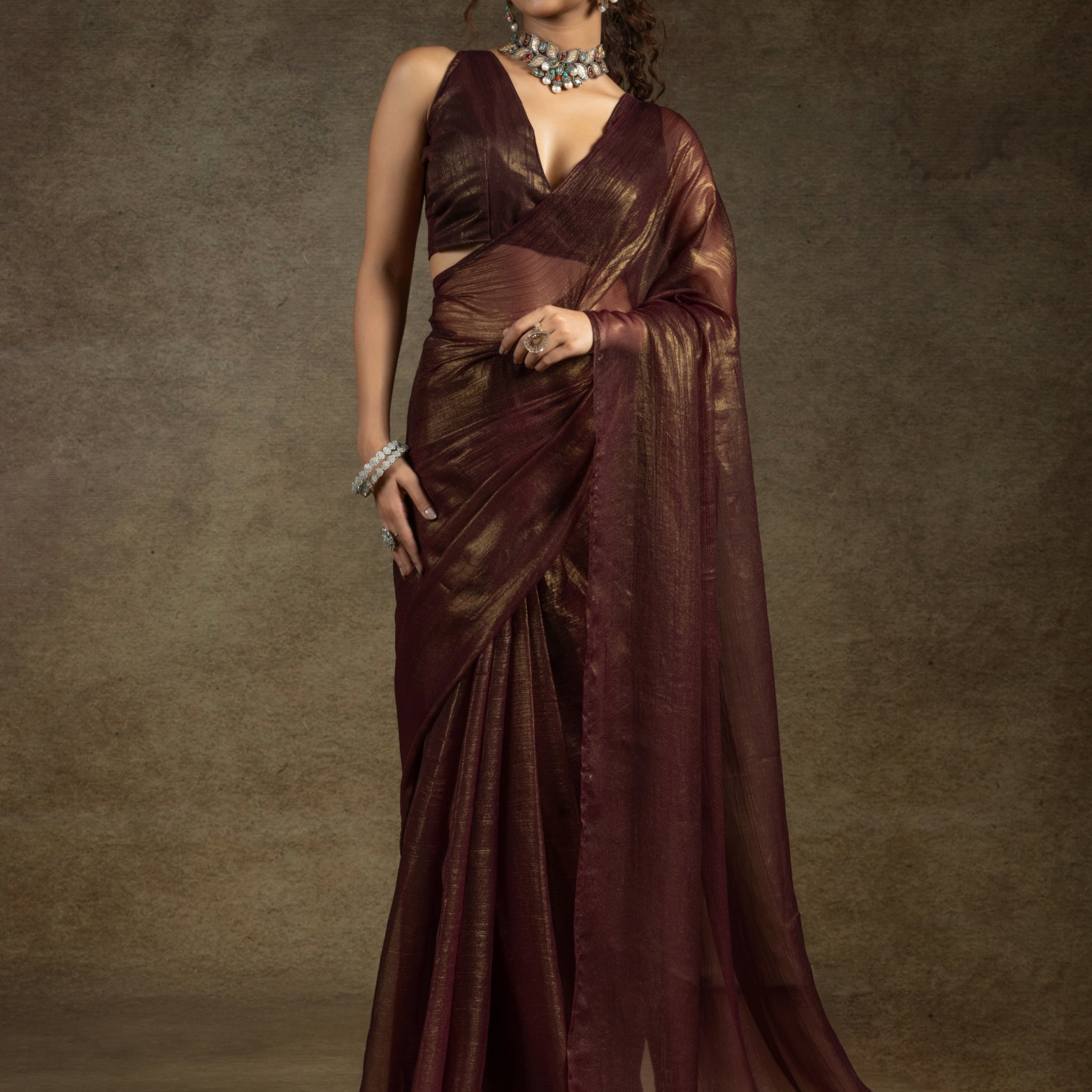 Fabulous Brown Chiffon Festive Wear Pre-Stitched Saree With Blouse
