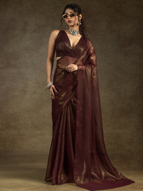 Fabulous Brown Chiffon Festive Wear Pre-Stitched Saree With Blouse