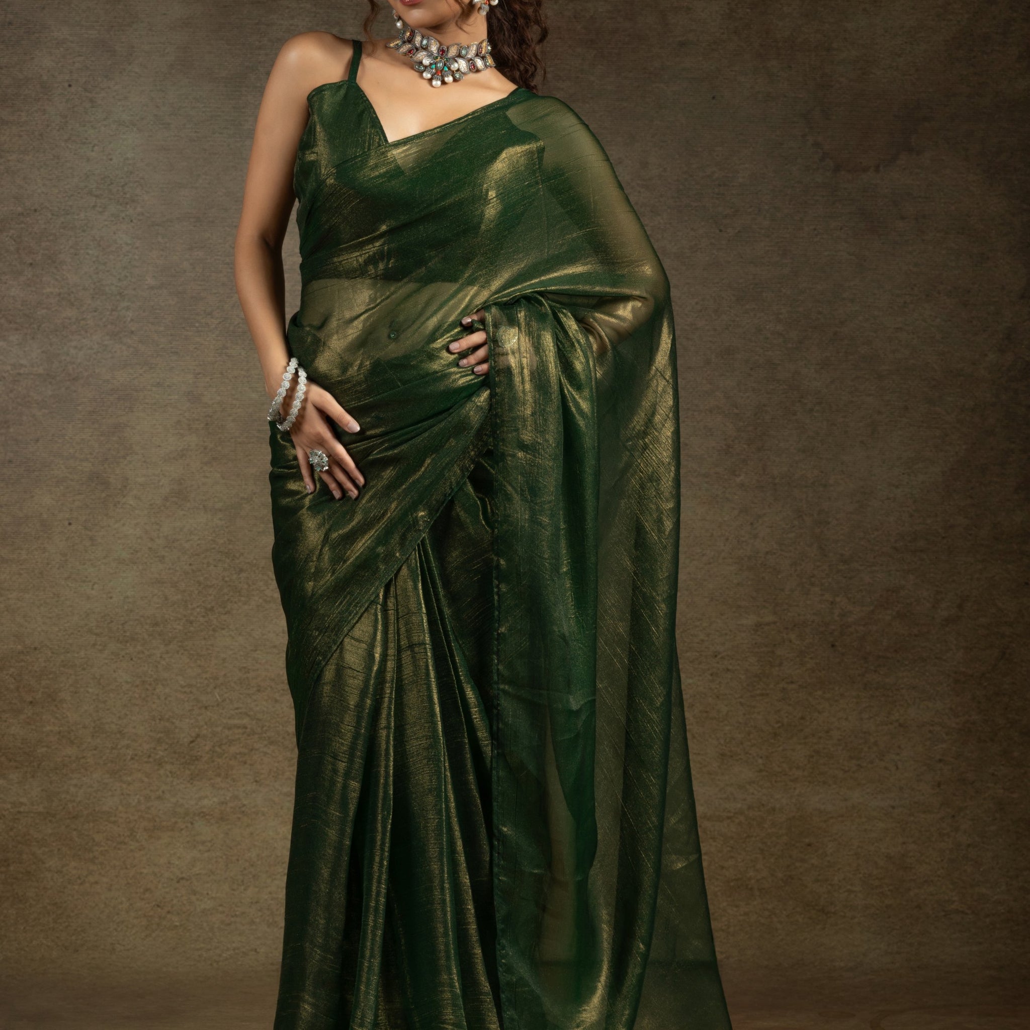 Amazing Green Chiffon Bollywood Pre-Stitched Saree With Blouse