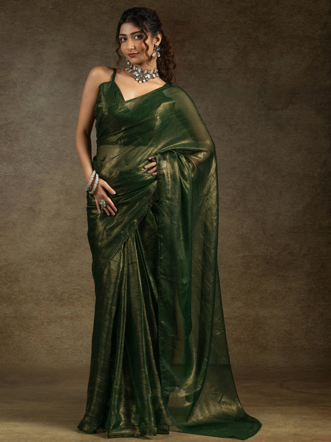 Amazing Green Chiffon Bollywood Pre-Stitched Saree With Blouse