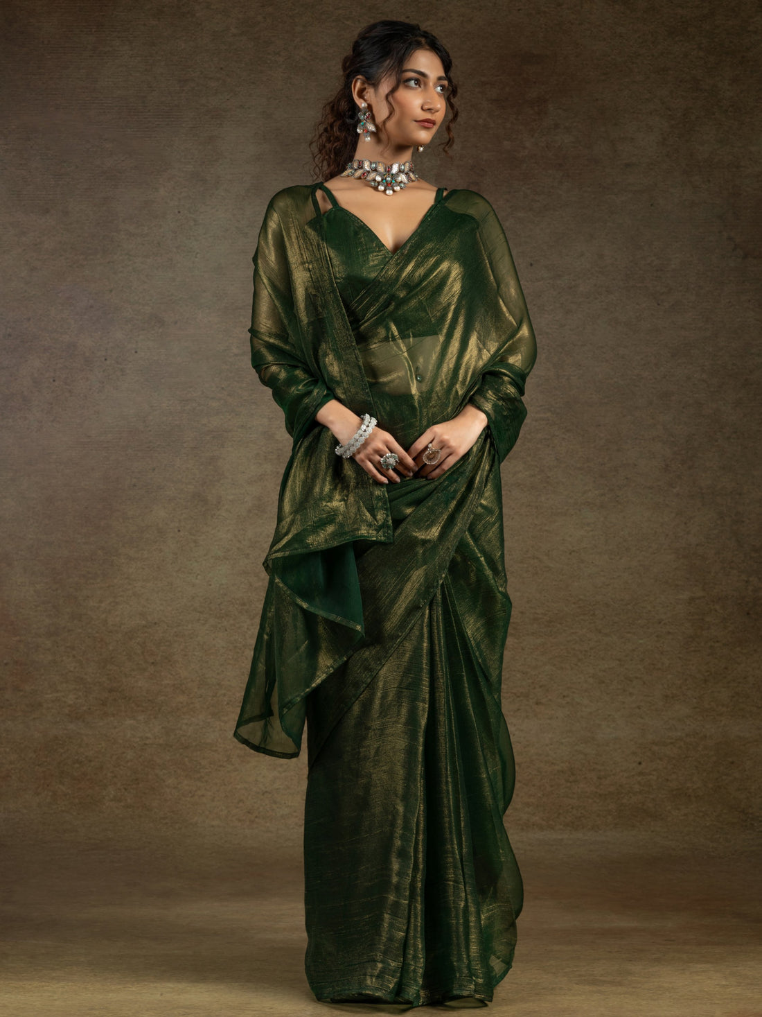 Amazing Green Chiffon Bollywood Pre-Stitched Saree With Blouse