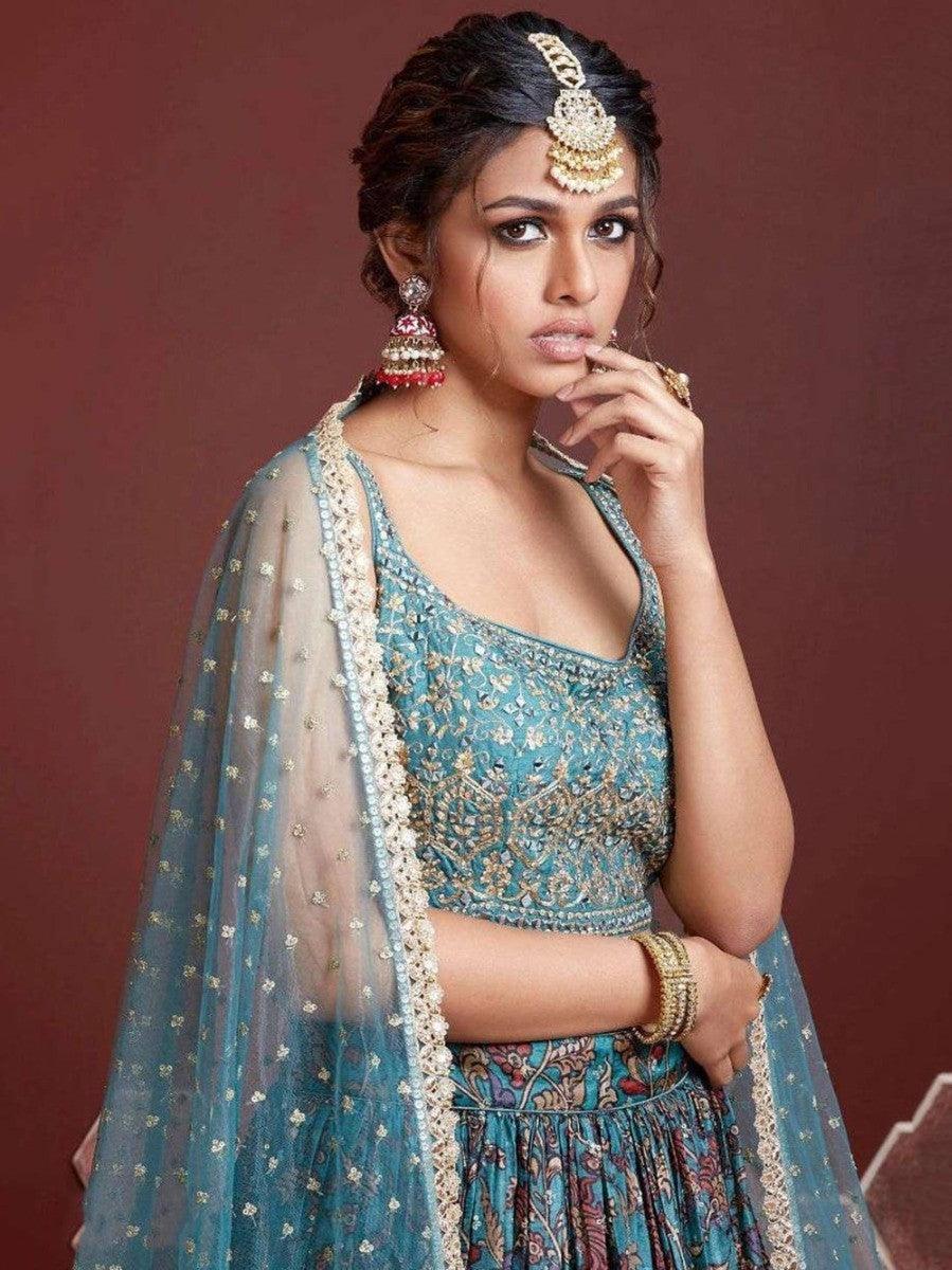 Stunning Sky Blue Printed Chinon Silk Reception Wear Lehenga Choli