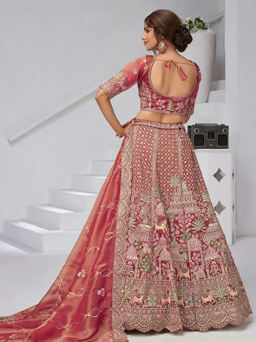 Sensational Pink Thread Work Organza Bridal Lehenga Choli With Dupatta