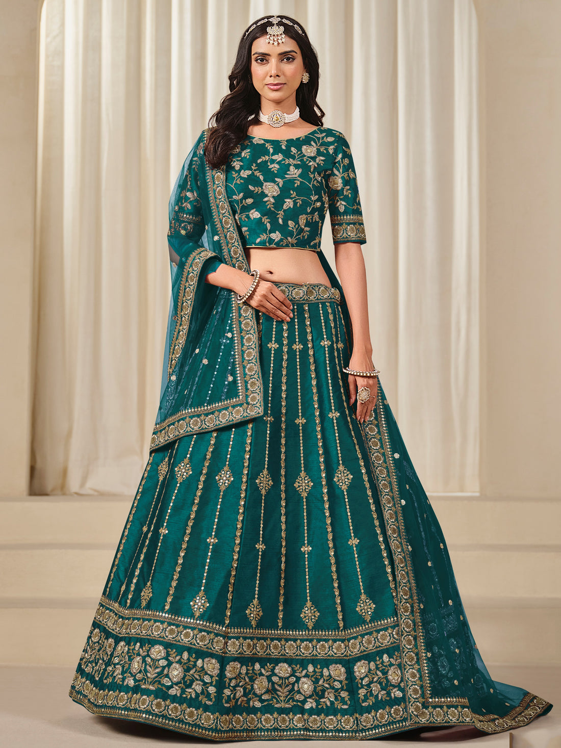 Captivating Teal Green Zari Embroidery Art Silk Wedding Wear Lehenga Choli With Dupatta