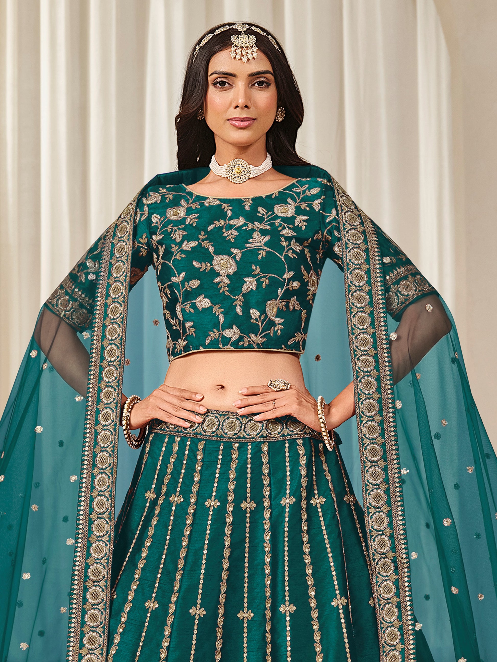 Captivating Green Embroidery Silk Wedding Wear Lehenga Choli With Dupatta