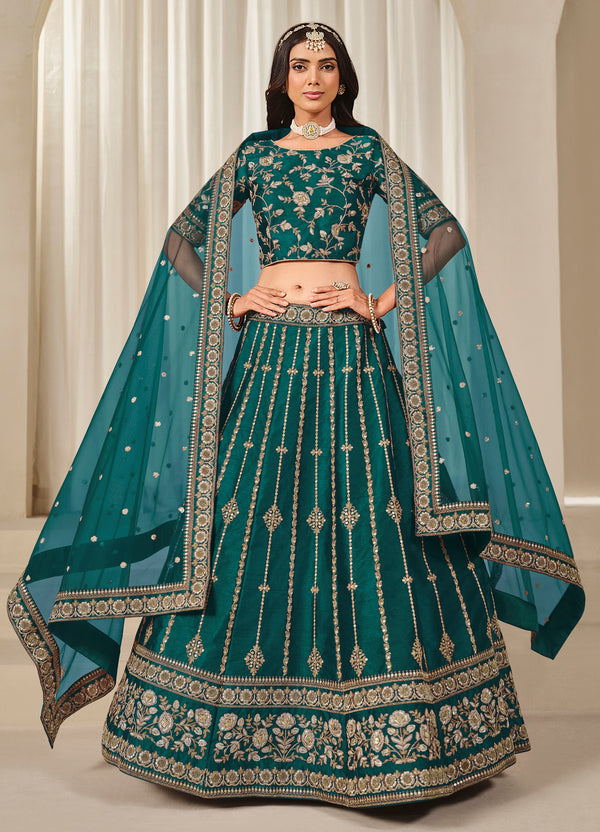 Captivating Green Embroidery Silk Wedding Wear Lehenga Choli With Dupatta
