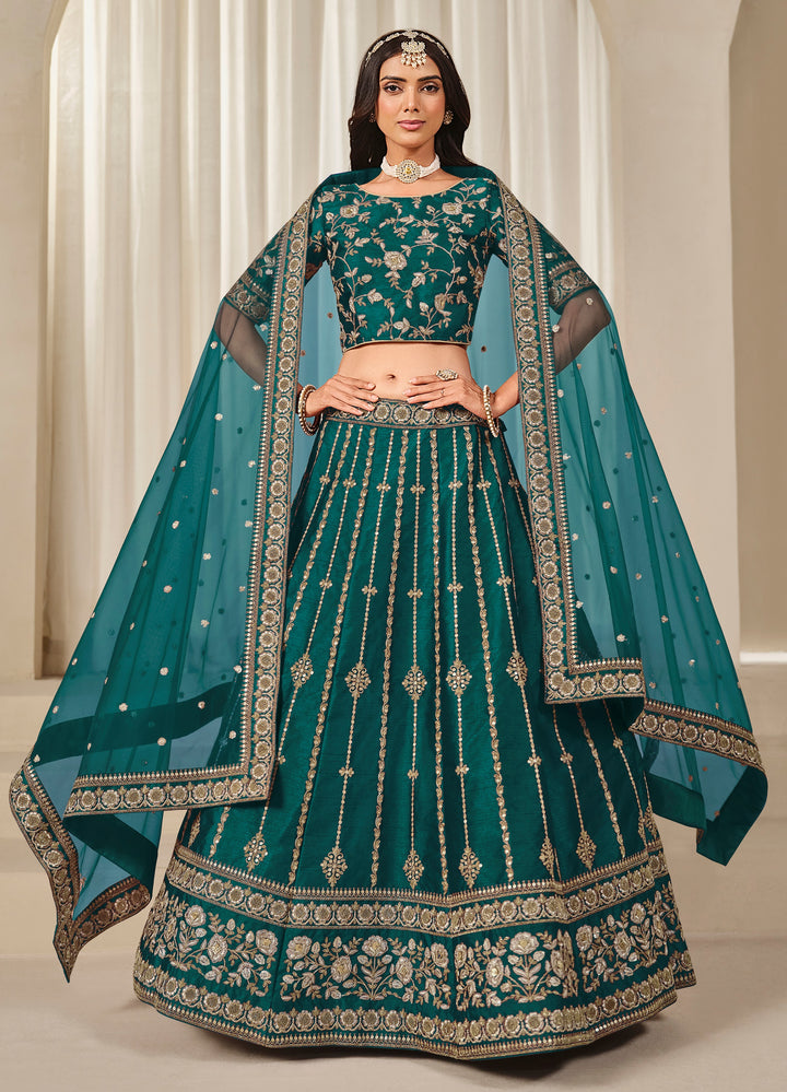 Captivating Green Embroidery Silk Wedding Wear Lehenga Choli With Dupatta