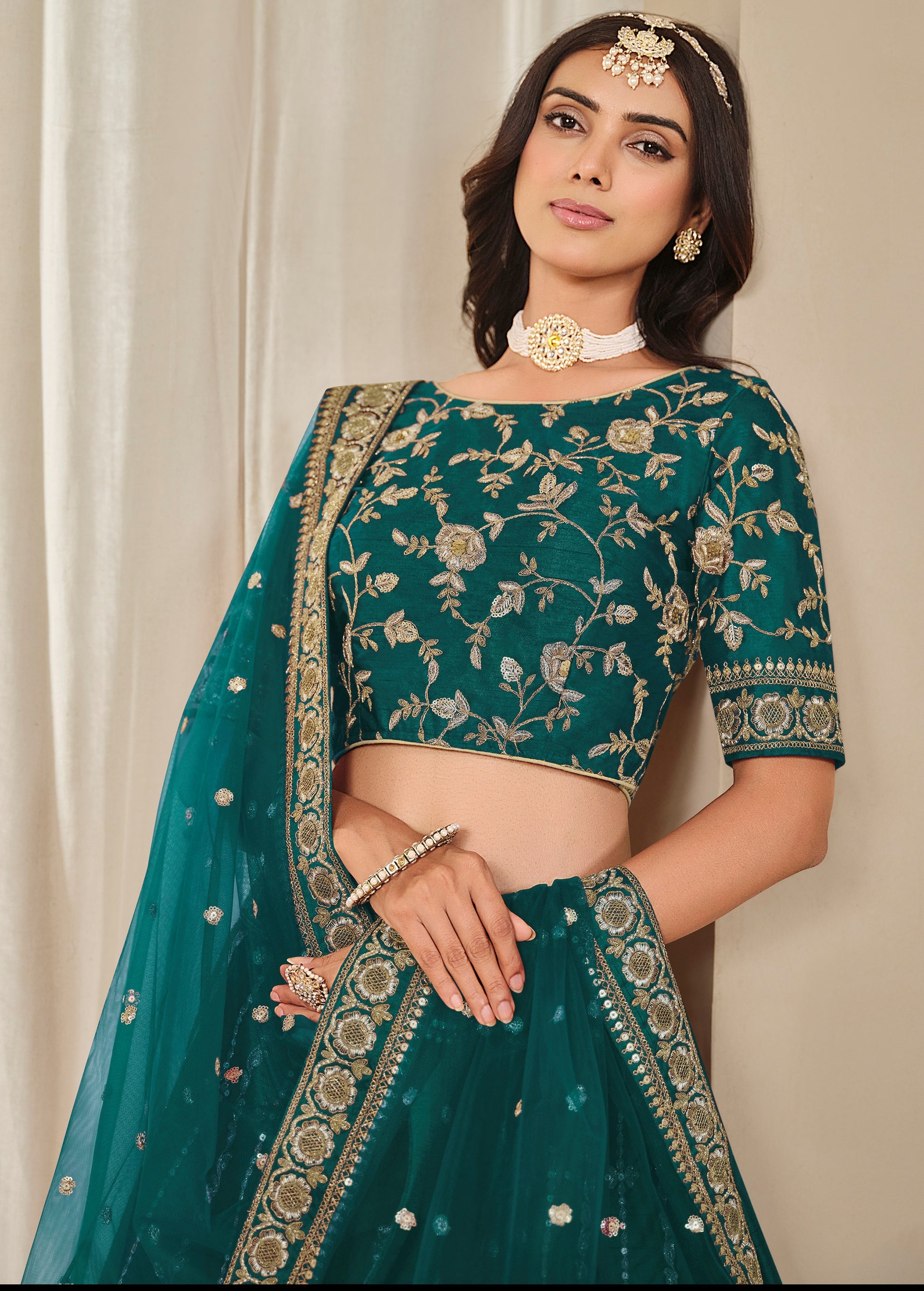 Captivating Green Embroidery Silk Wedding Wear Lehenga Choli With Dupatta