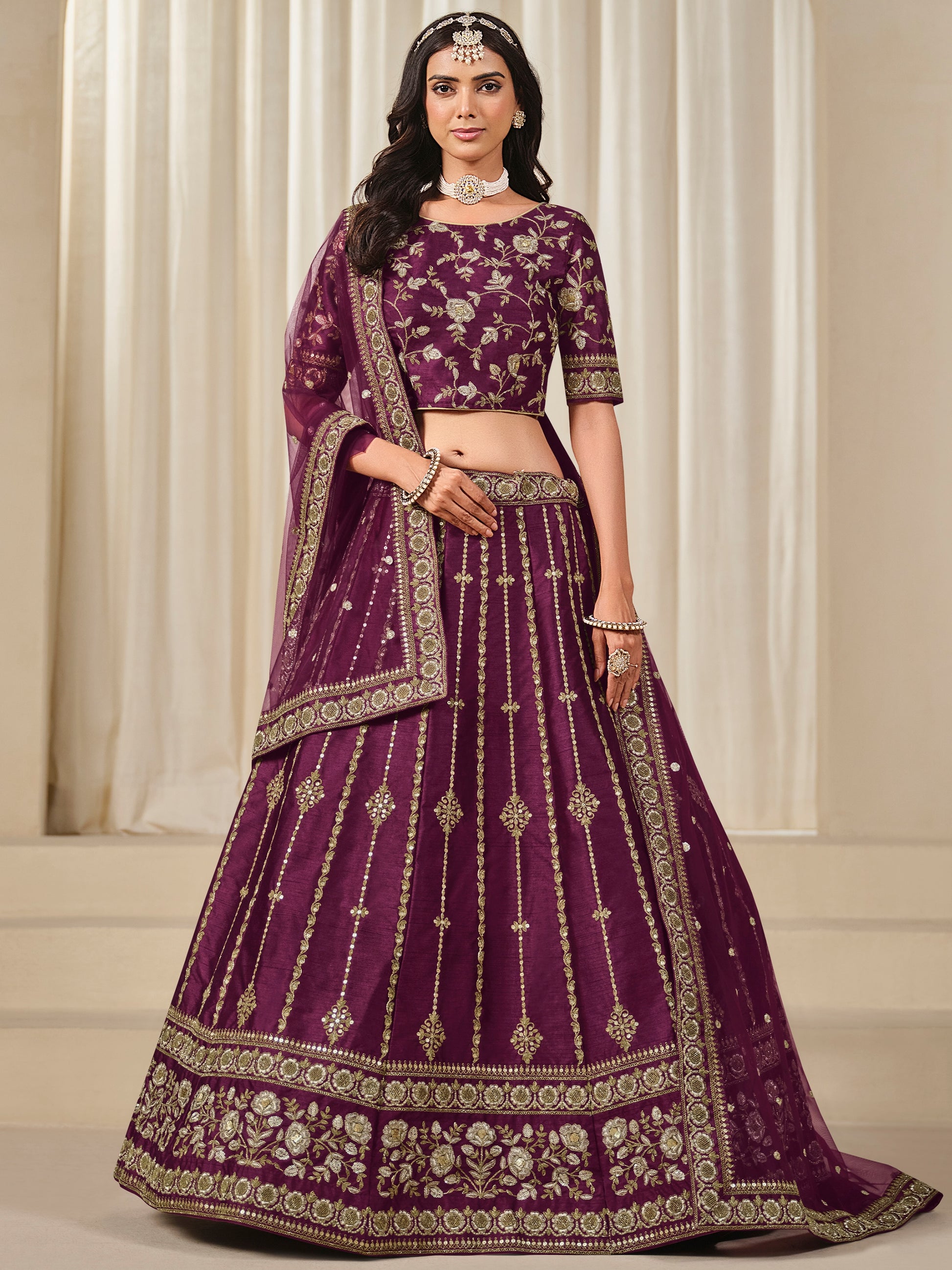 Gorgeous Wine Embroidery Silk Festive Wear Lehenga Choli With Dupatta