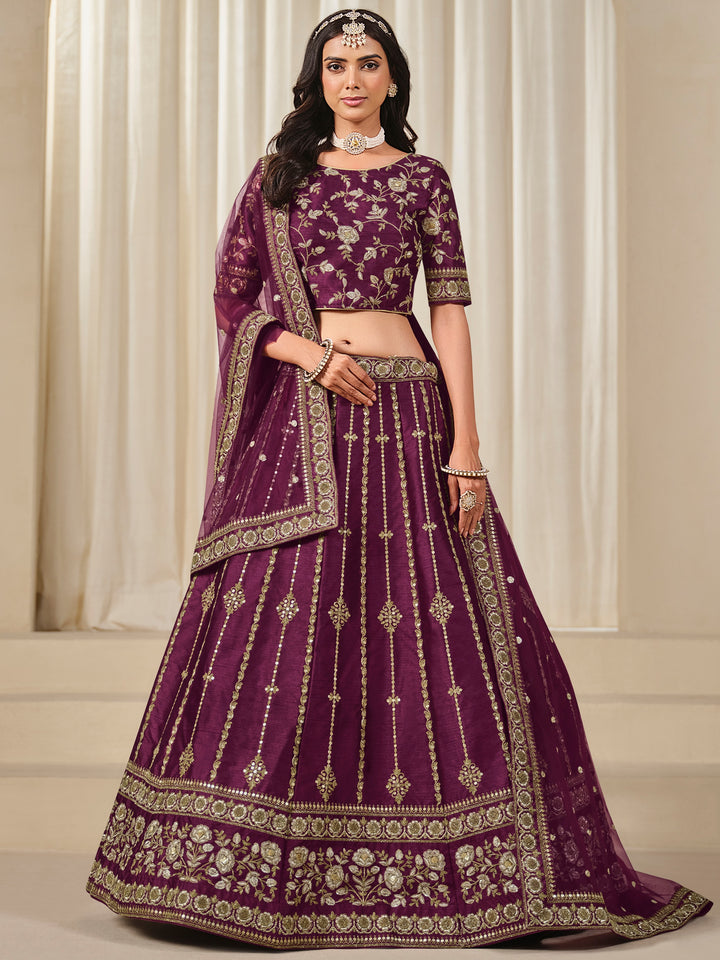 Gorgeous Wine Embroidery Silk Festive Wear Lehenga Choli With Dupatta