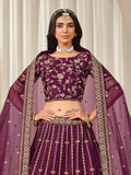 Gorgeous Wine Embroidery Silk Festive Wear Lehenga Choli With Dupatta