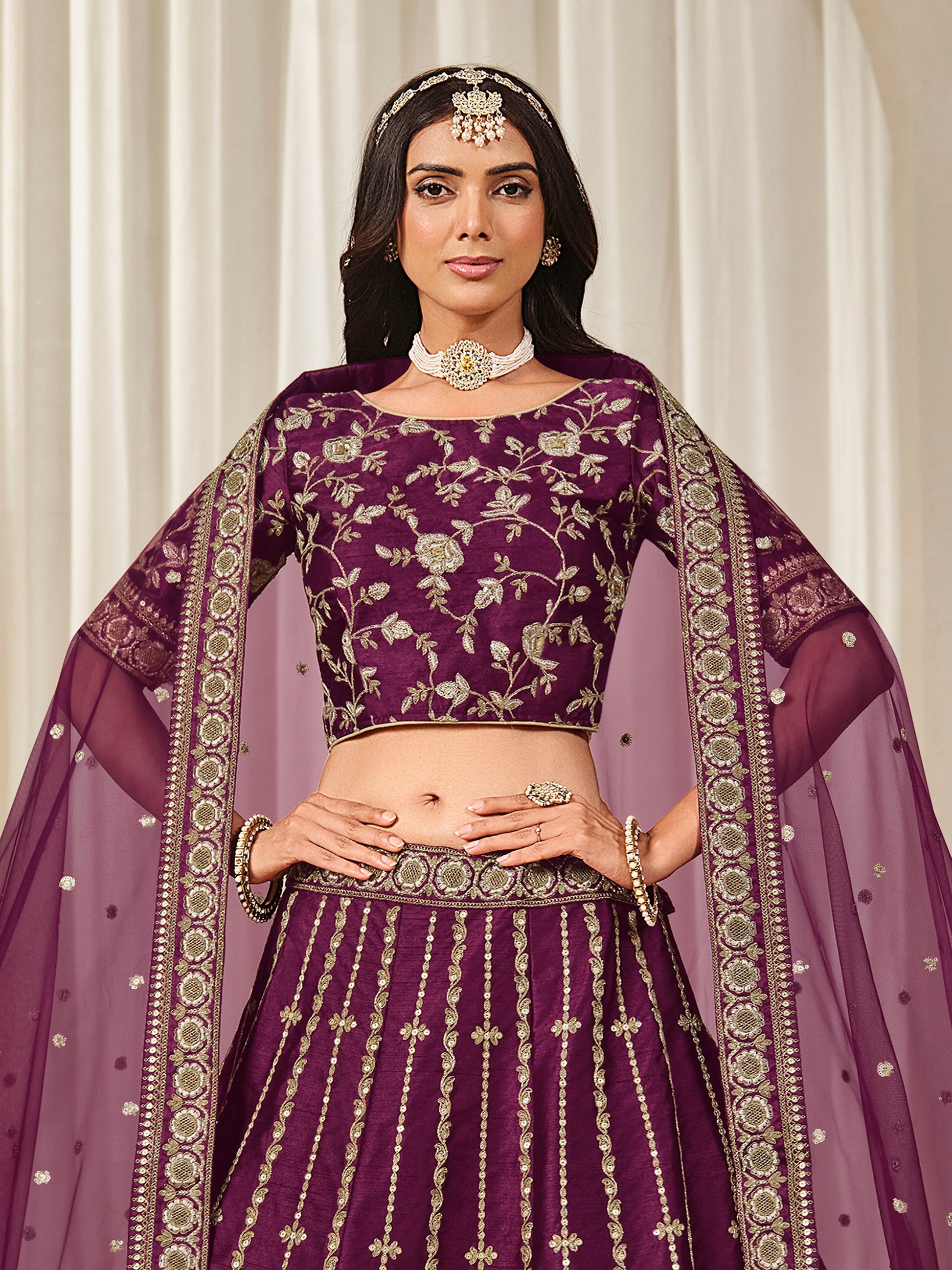 Gorgeous Wine Embroidery Silk Festive Wear Lehenga Choli With Dupatta