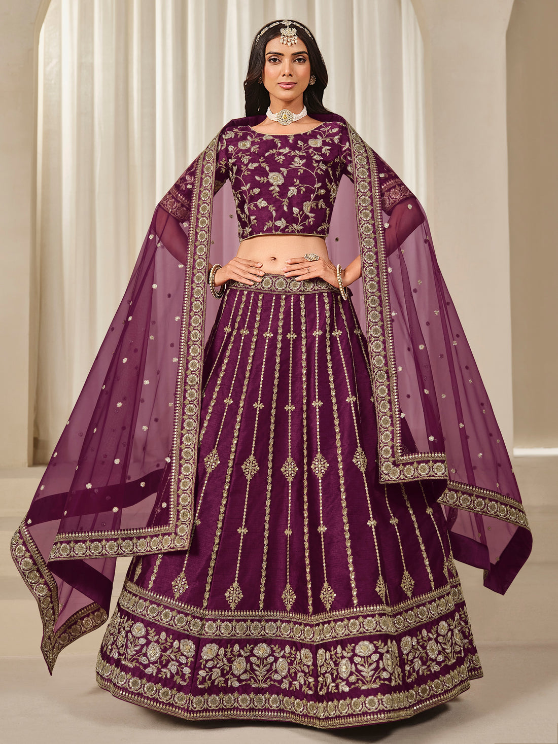Gorgeous Wine Zari Embroidery Art Silk Festive Wear Lehenga Choli With Dupatta