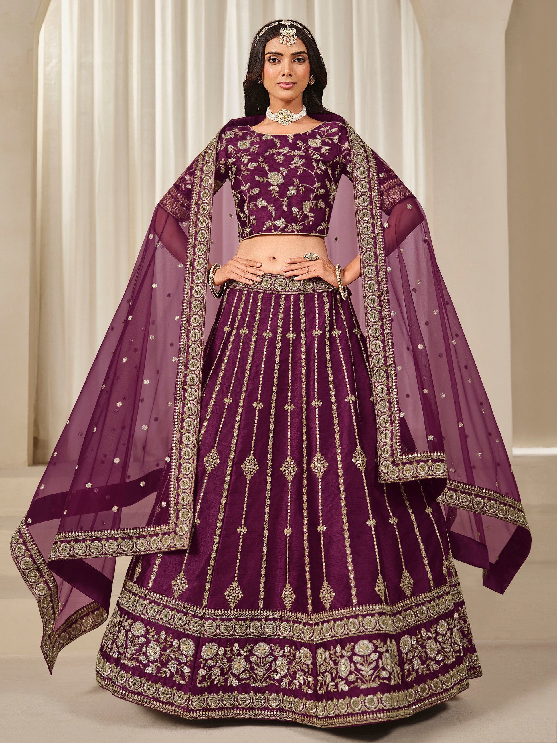 Gorgeous Wine Embroidery Silk Festive Wear Lehenga Choli With Dupatta