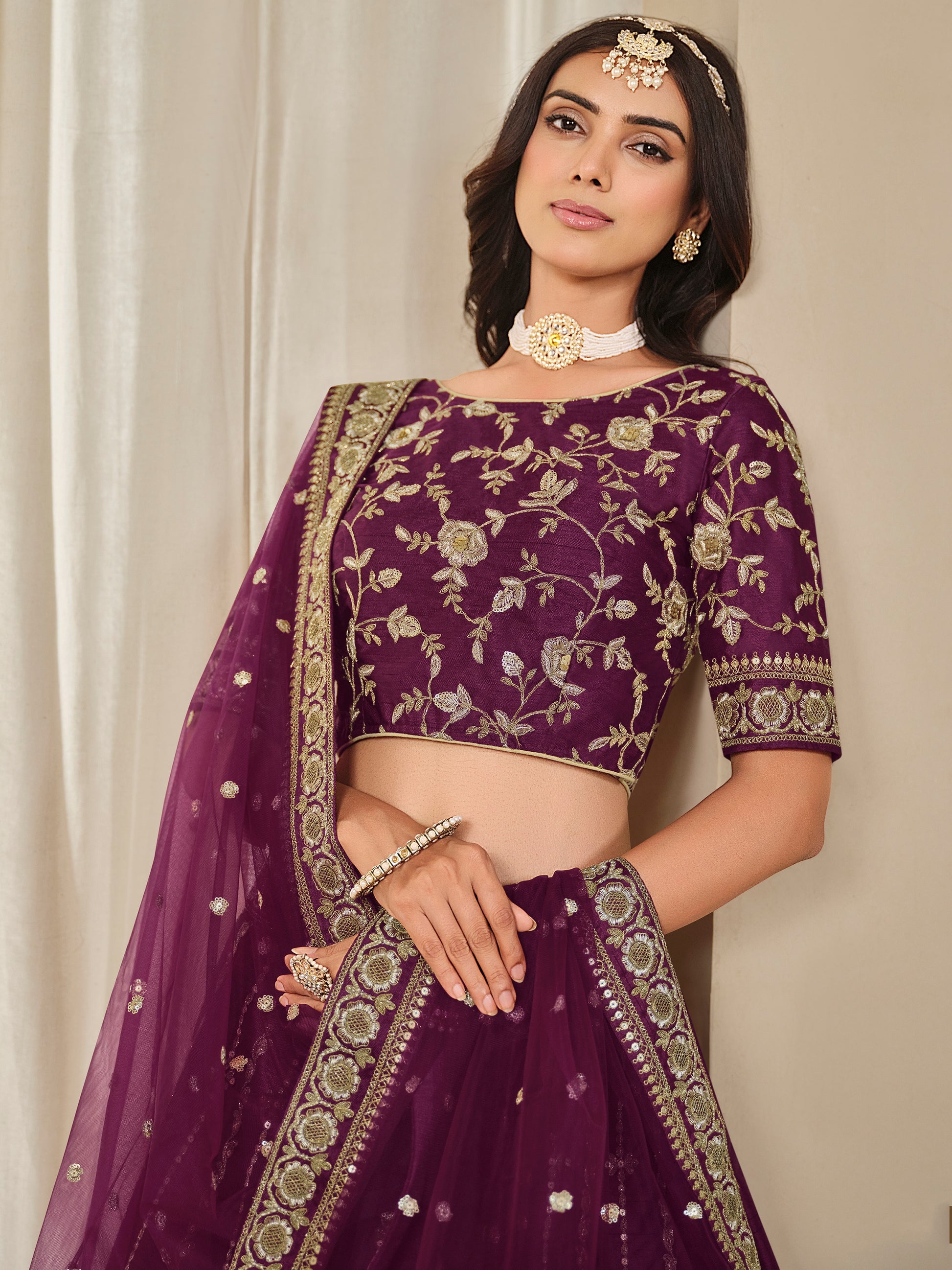 Gorgeous Wine Embroidery Silk Festive Wear Lehenga Choli With Dupatta