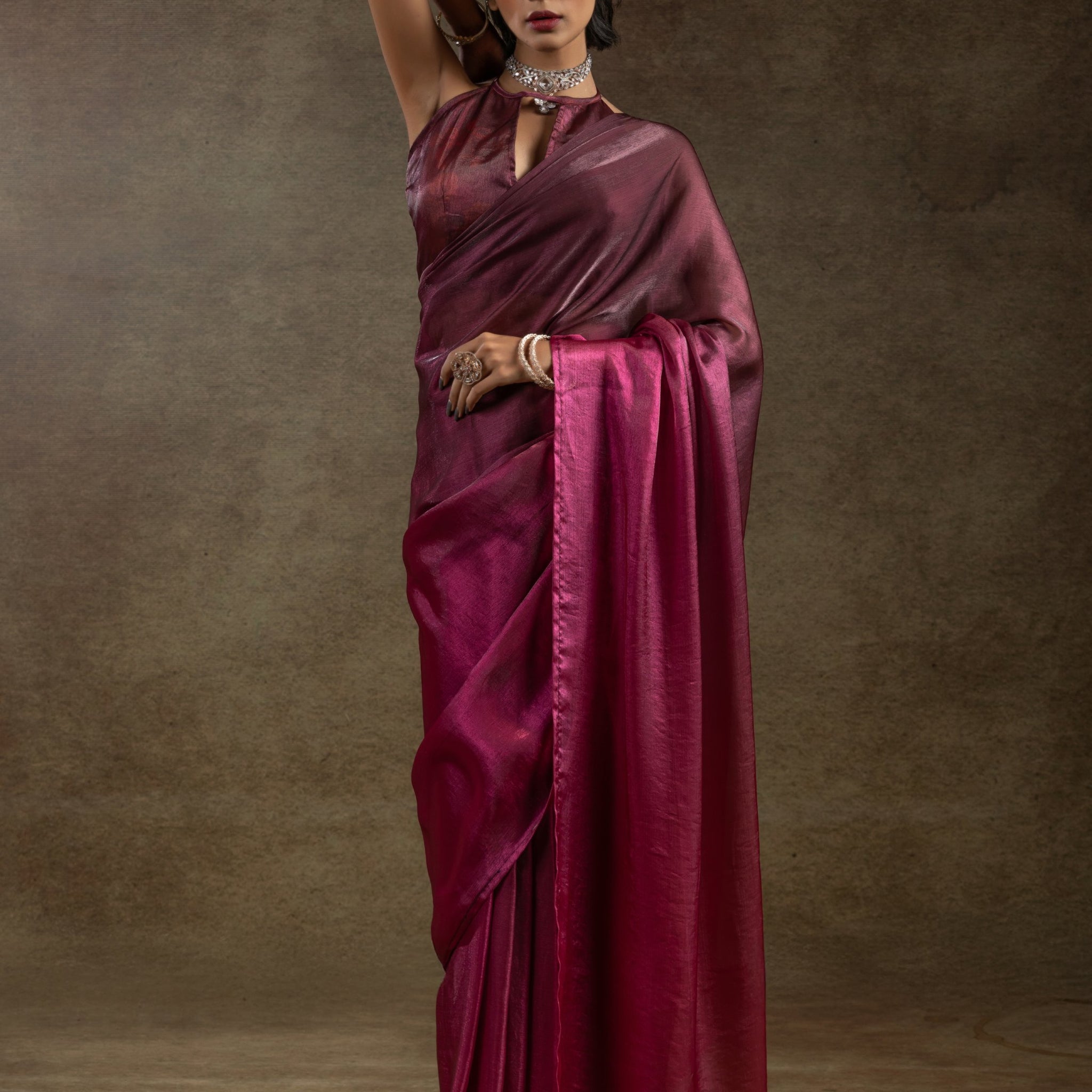 Mesmerizing Magenta Satin Designer Pre-Stitched Saree With Blouse