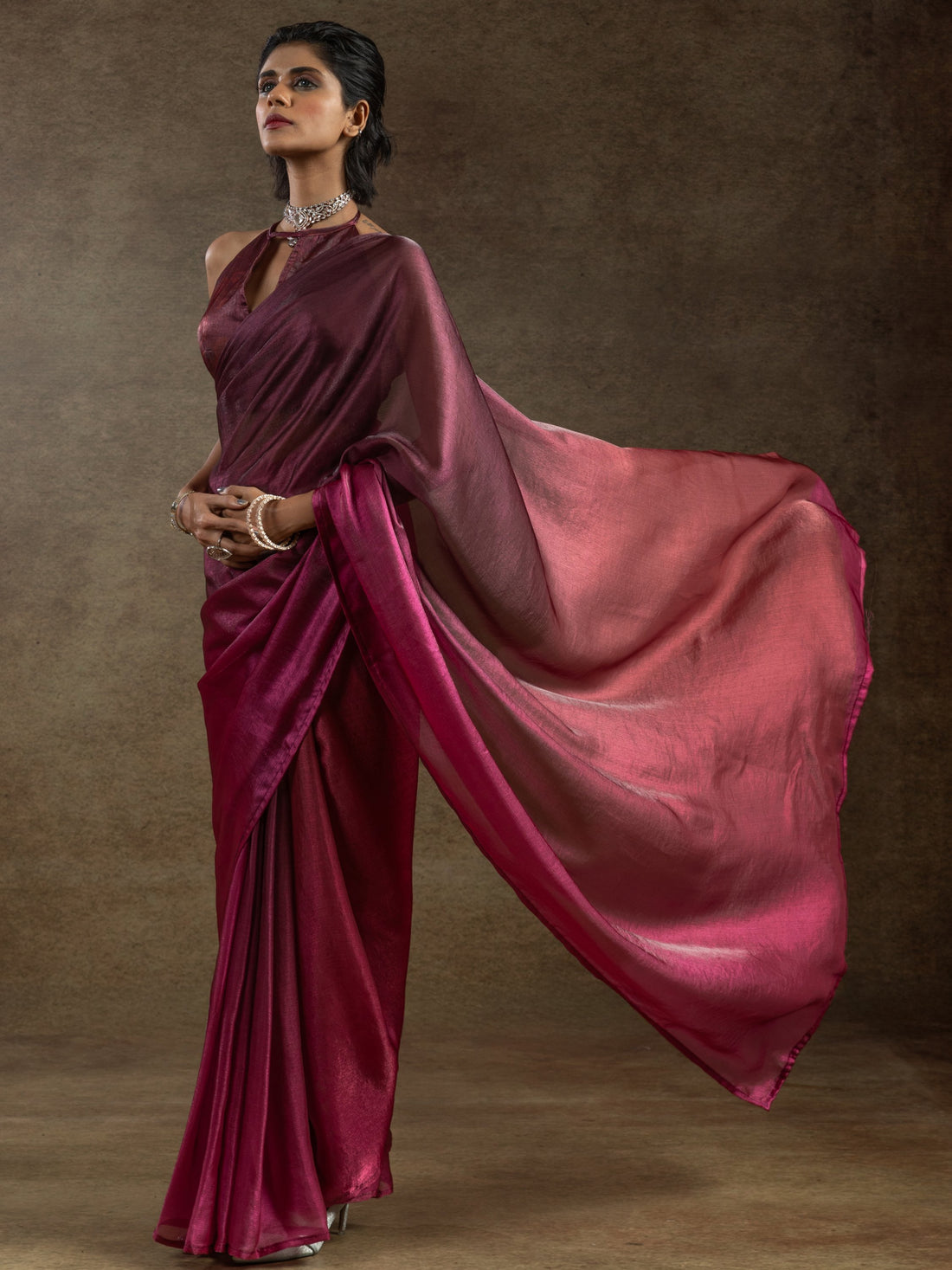 Mesmerizing Magenta Satin Designer Pre-Stitched Saree With Blouse
