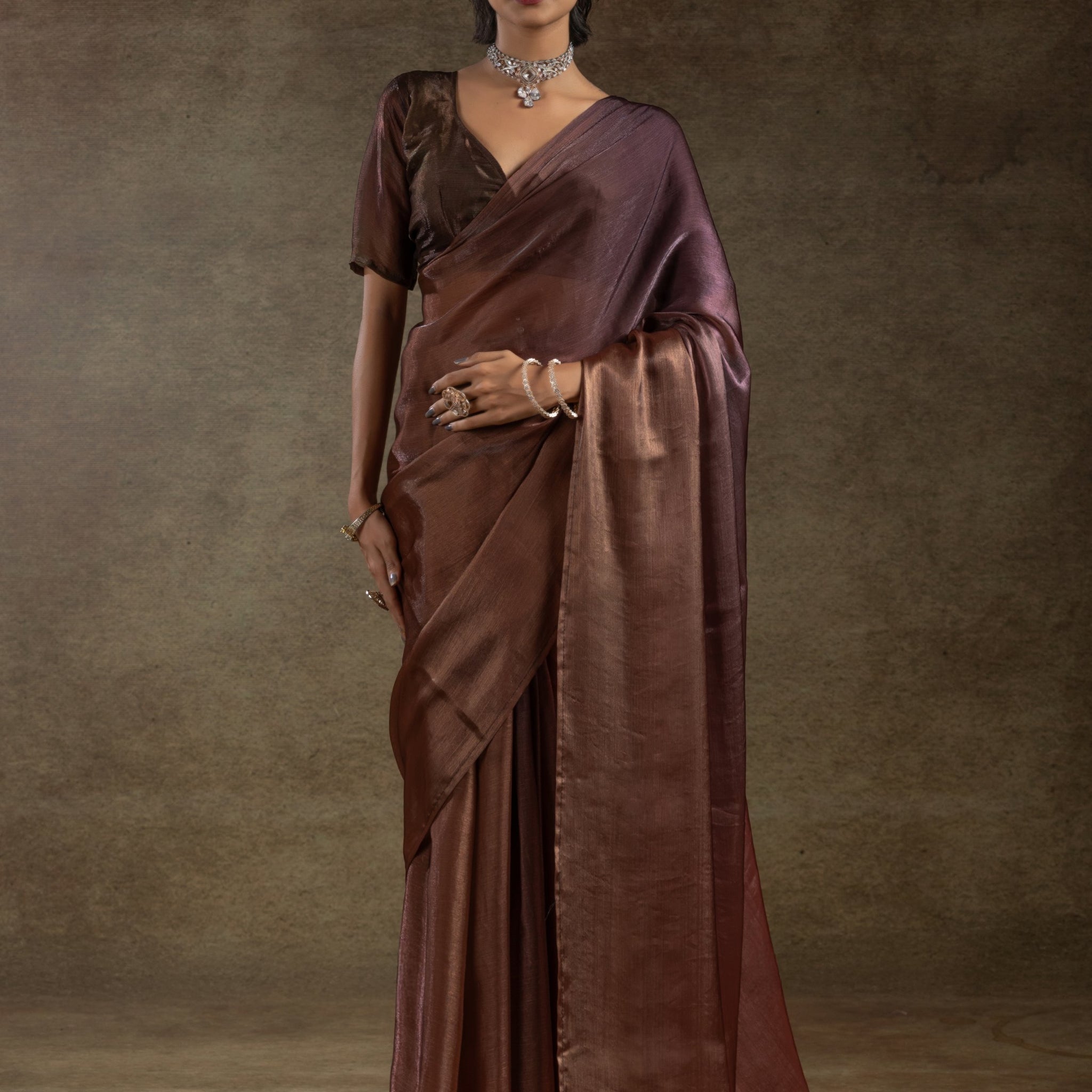 Stunning Brown Satin Festive Wear Pre-Stitched Saree With Blouse