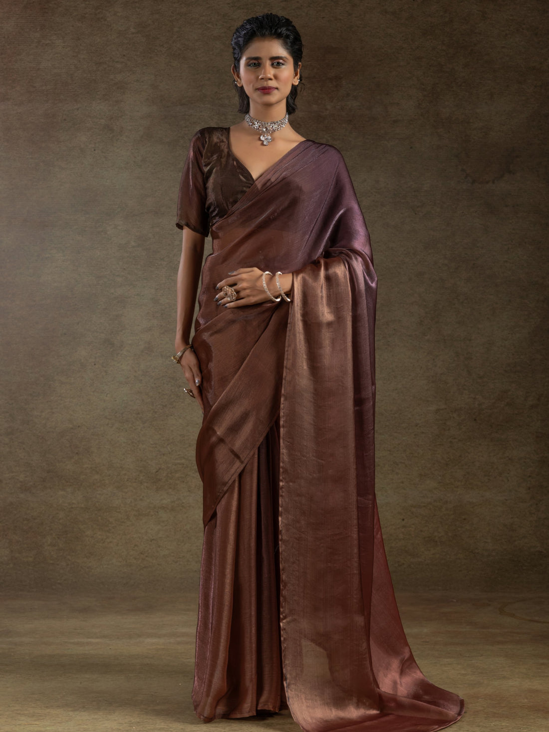 Stunning Brown Satin Festive Wear Pre-Stitched Saree With Blouse