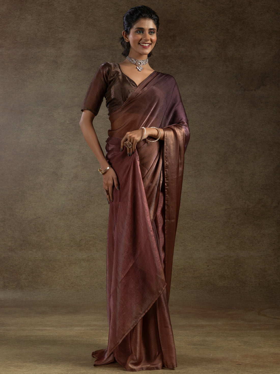 Stunning Brown Satin Festive Wear Pre-Stitched Saree With Blouse
