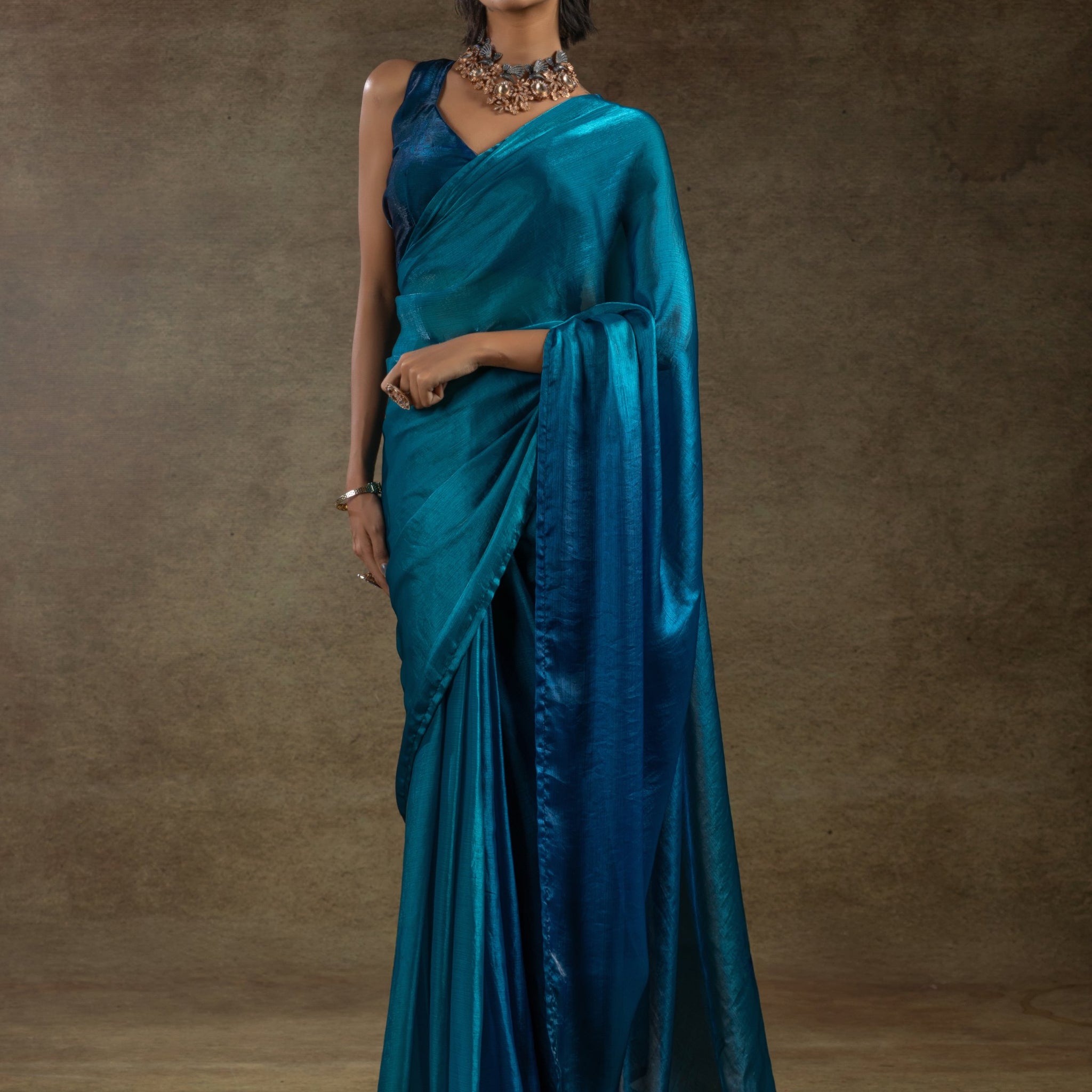 Spectacular Teal Blue Satin Party Wear Pre-Stitched Saree With Blouse