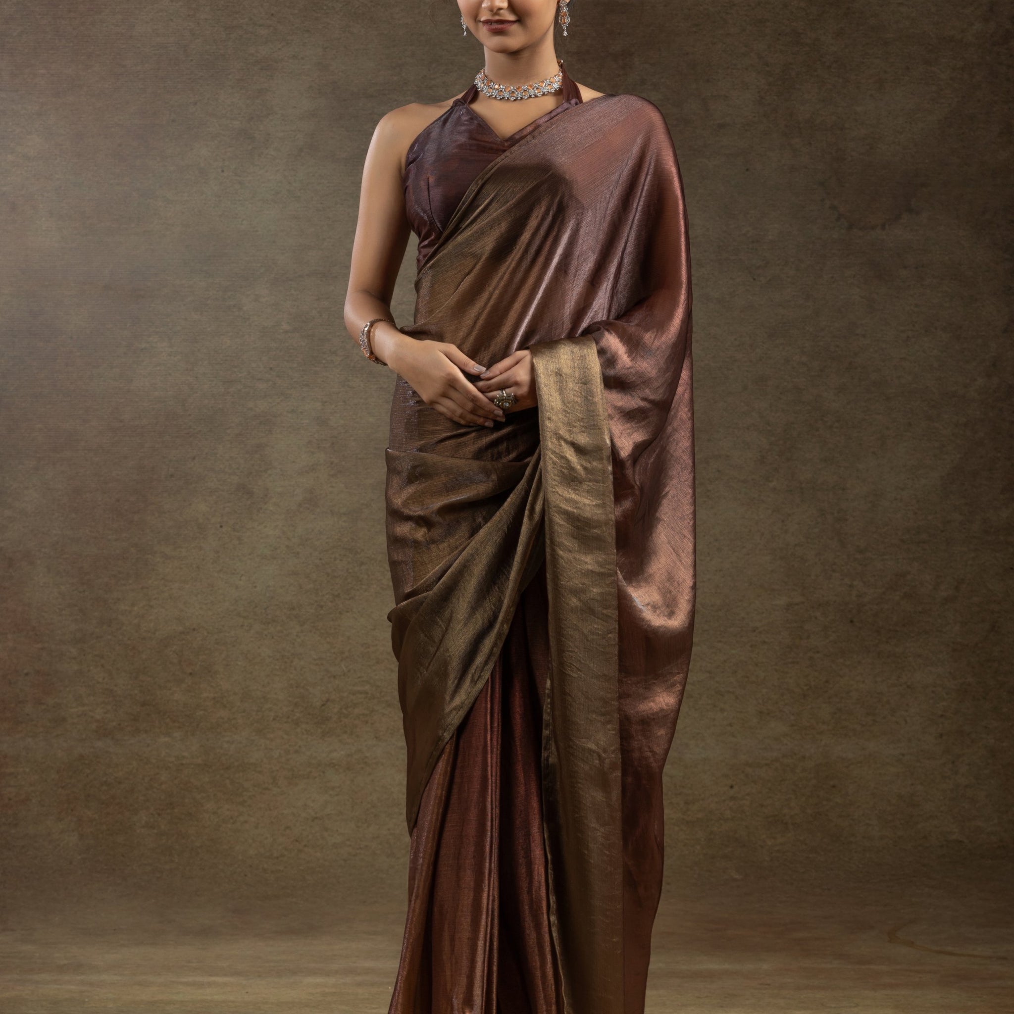 Incredible Brown Satin Event Wear Pre-Stitched Saree With Blouse