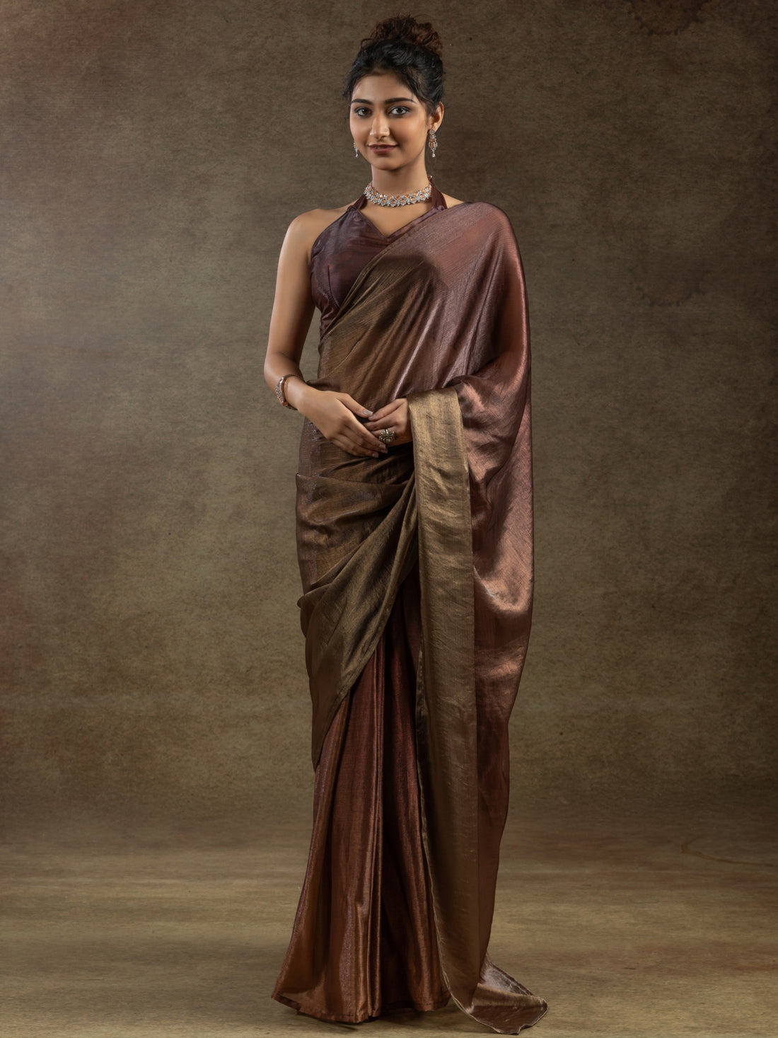 Incredible Brown Satin Event Wear Pre-Stitched Saree With Blouse