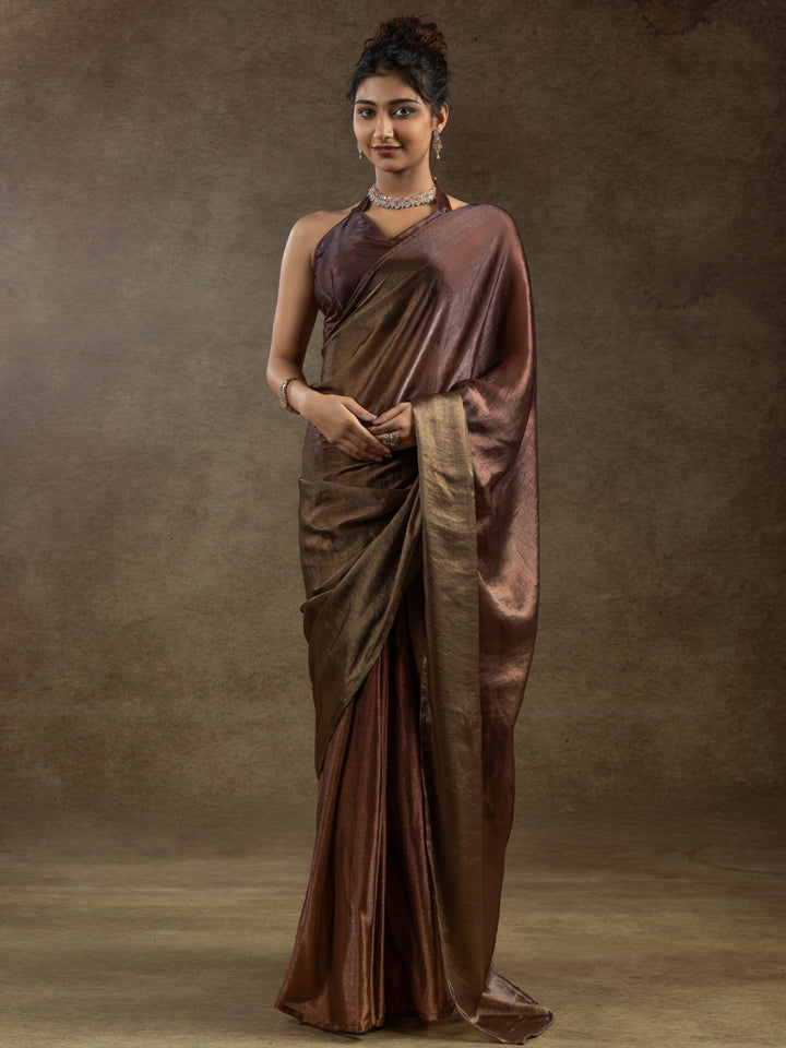 Incredible Brown Satin Event Wear Pre-Stitched Saree With Blouse