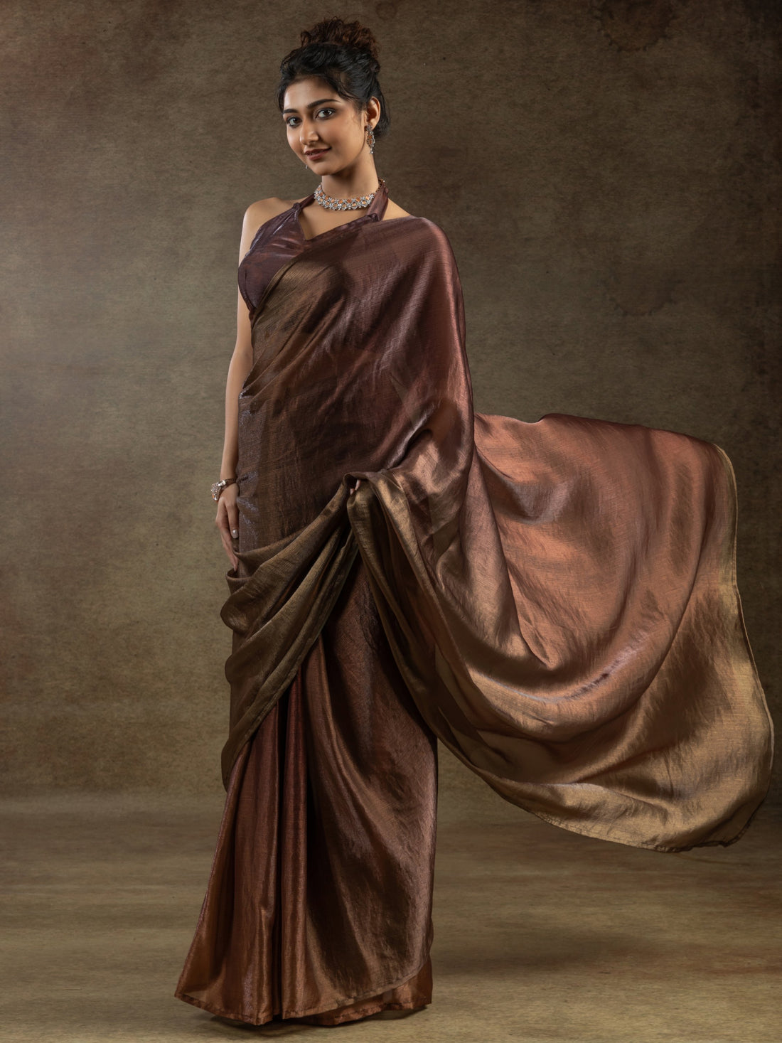 Incredible Brown Satin Event Wear Pre-Stitched Saree With Blouse