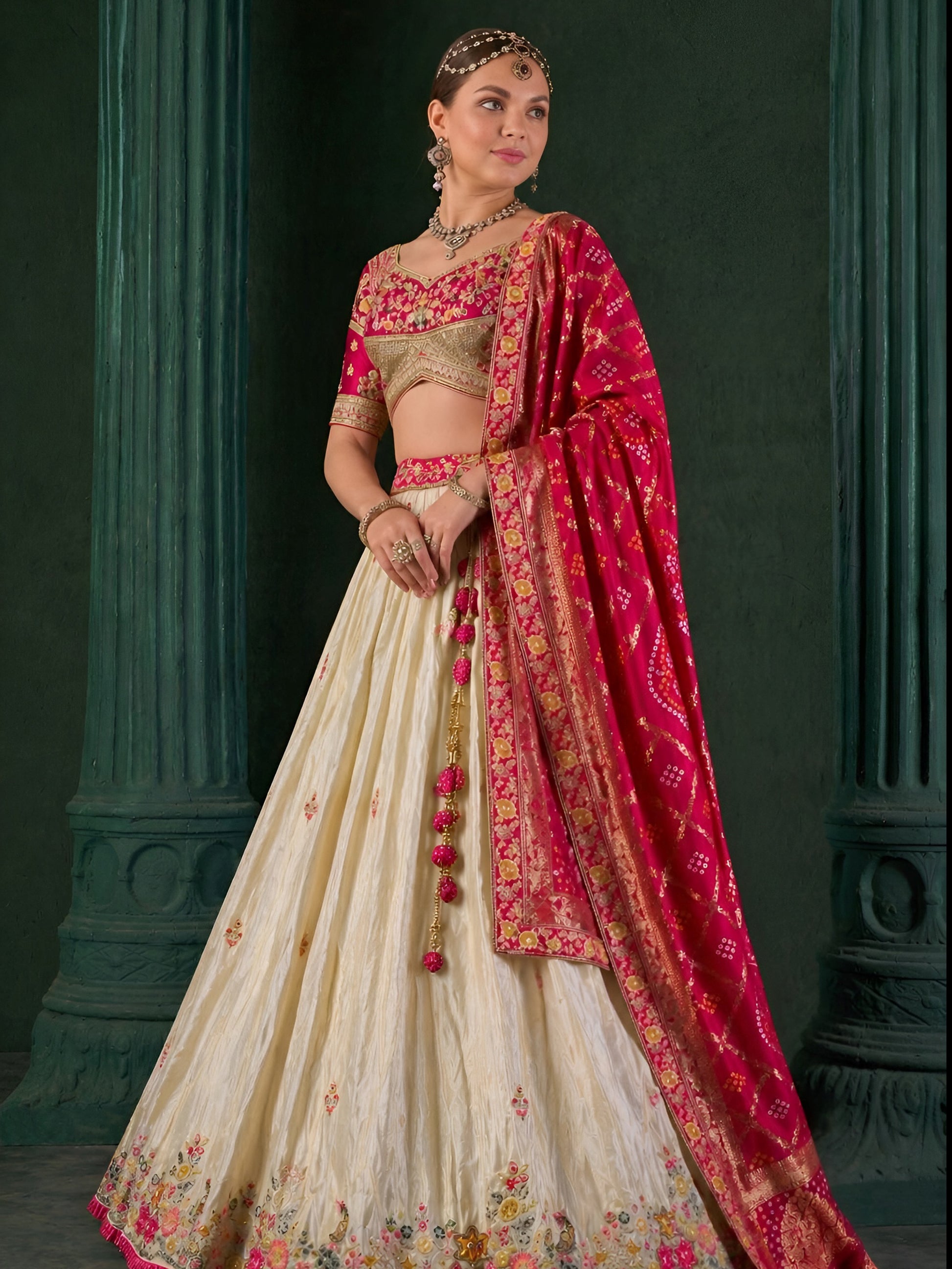 Glamorous Cream Thread Embroider Tissue Function  Wear Lehenga Choli With Dupatta
