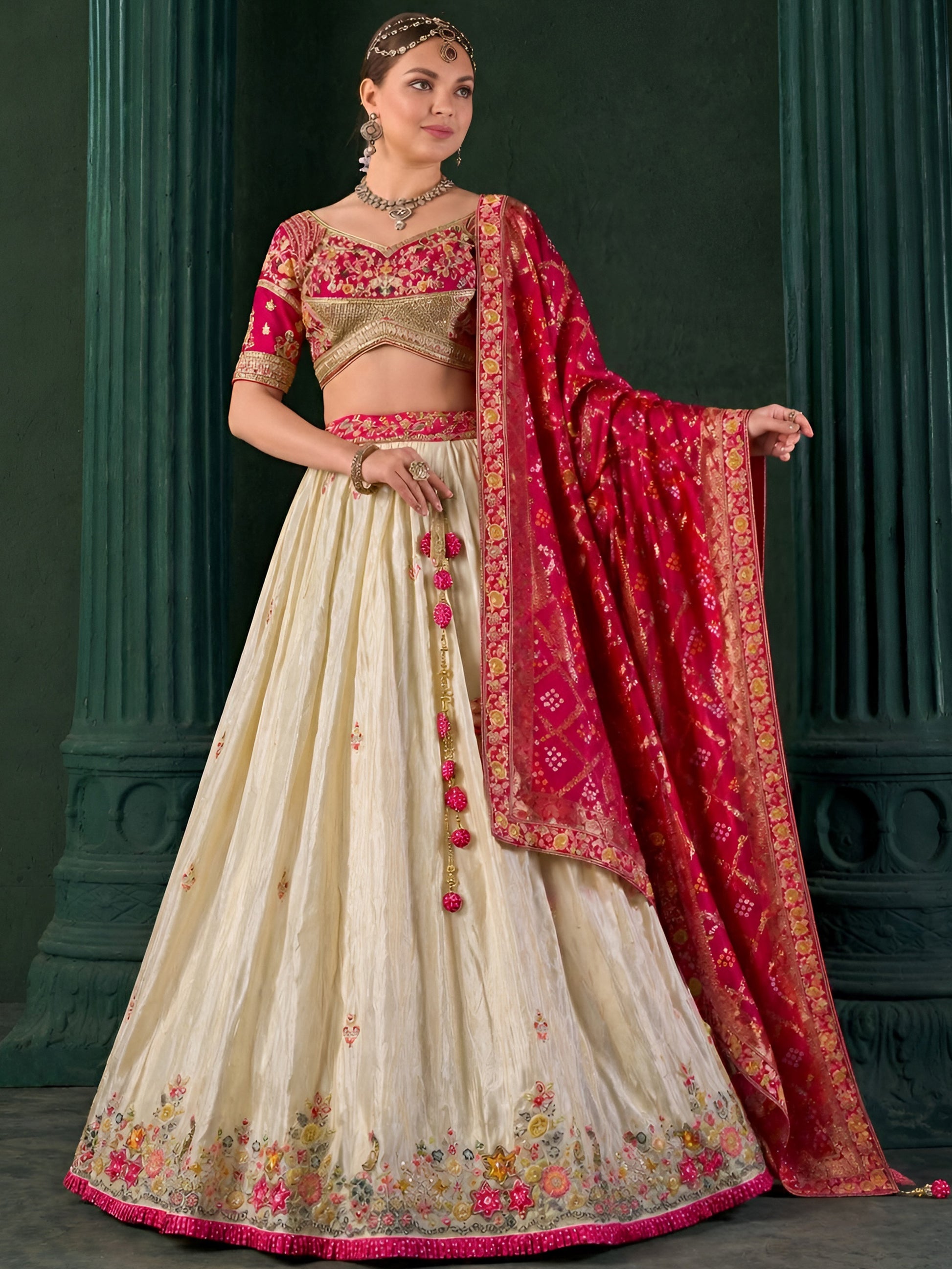 Glamorous Cream Thread Embroider Tissue Function  Wear Lehenga Choli With Dupatta