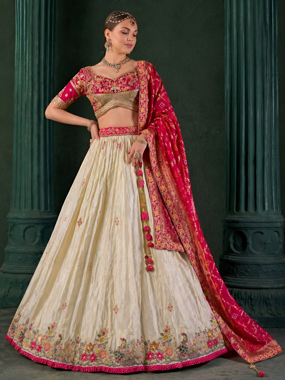 Glamorous Cream Thread Embroider Tissue Function  Wear Lehenga Choli With Dupatta