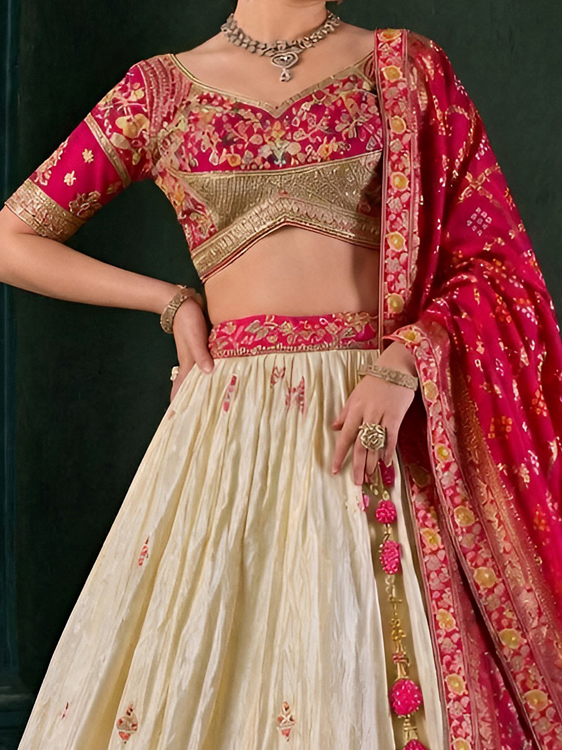 Glamorous Cream Thread Embroider Tissue Function  Wear Lehenga Choli With Dupatta