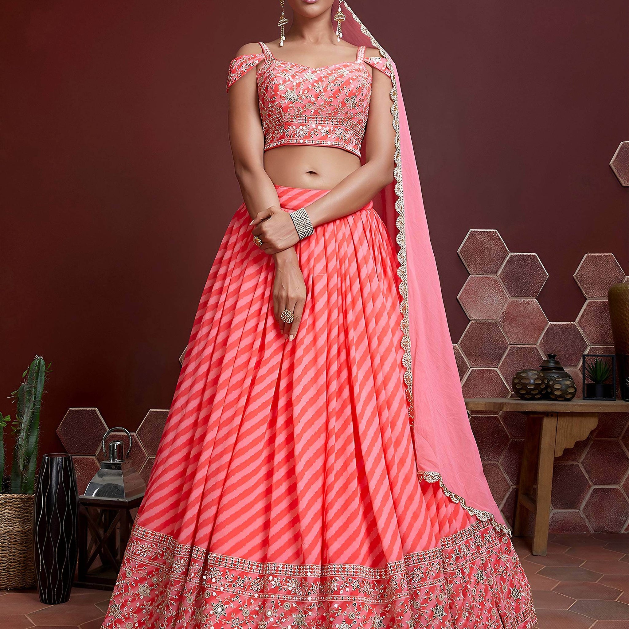 Peach Digital Printed Organza Wedding Wear Lehenga Choli