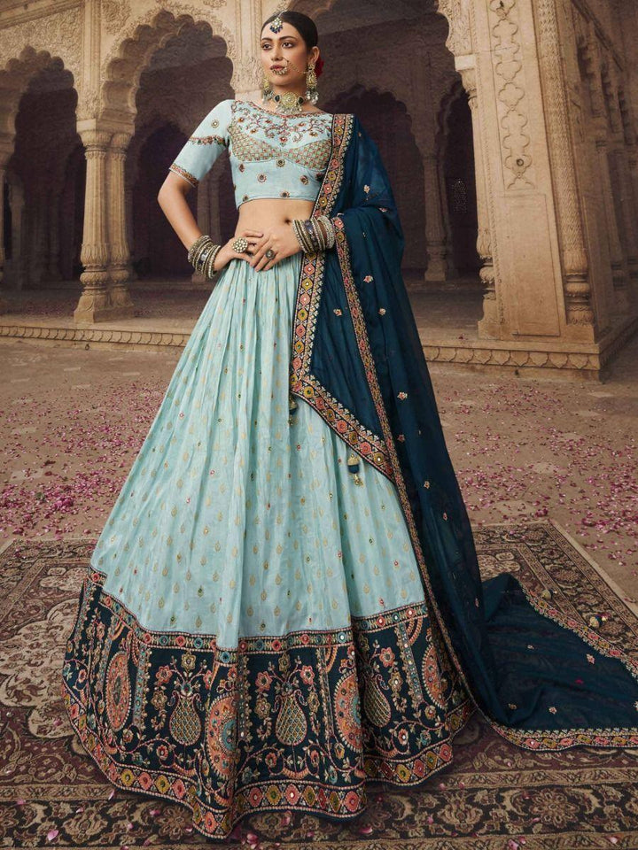 Stunning Sky Blue Embroidered Viscose Silk Bridesmaid Lehenga Choli